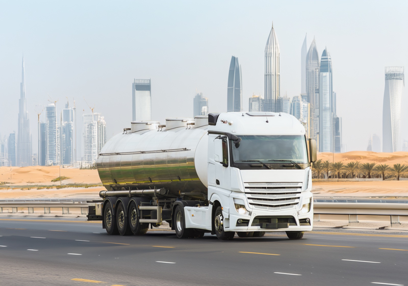 Shams-al-Qaswa water tanker on a Dubai road with city skyline
